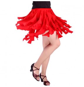 Women girls black red ruffles fringe latin dance skirts salsa rumba chacha belly stage performance costumes inside with shorts